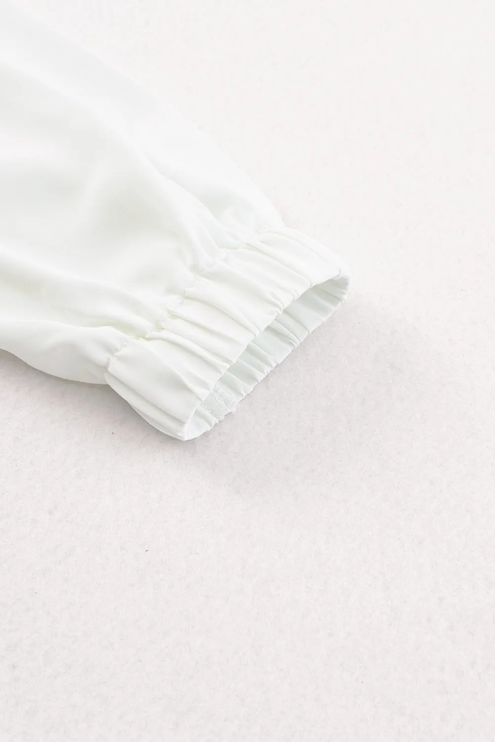 White Crew Neck Gathered Stretch Cuff Shirt